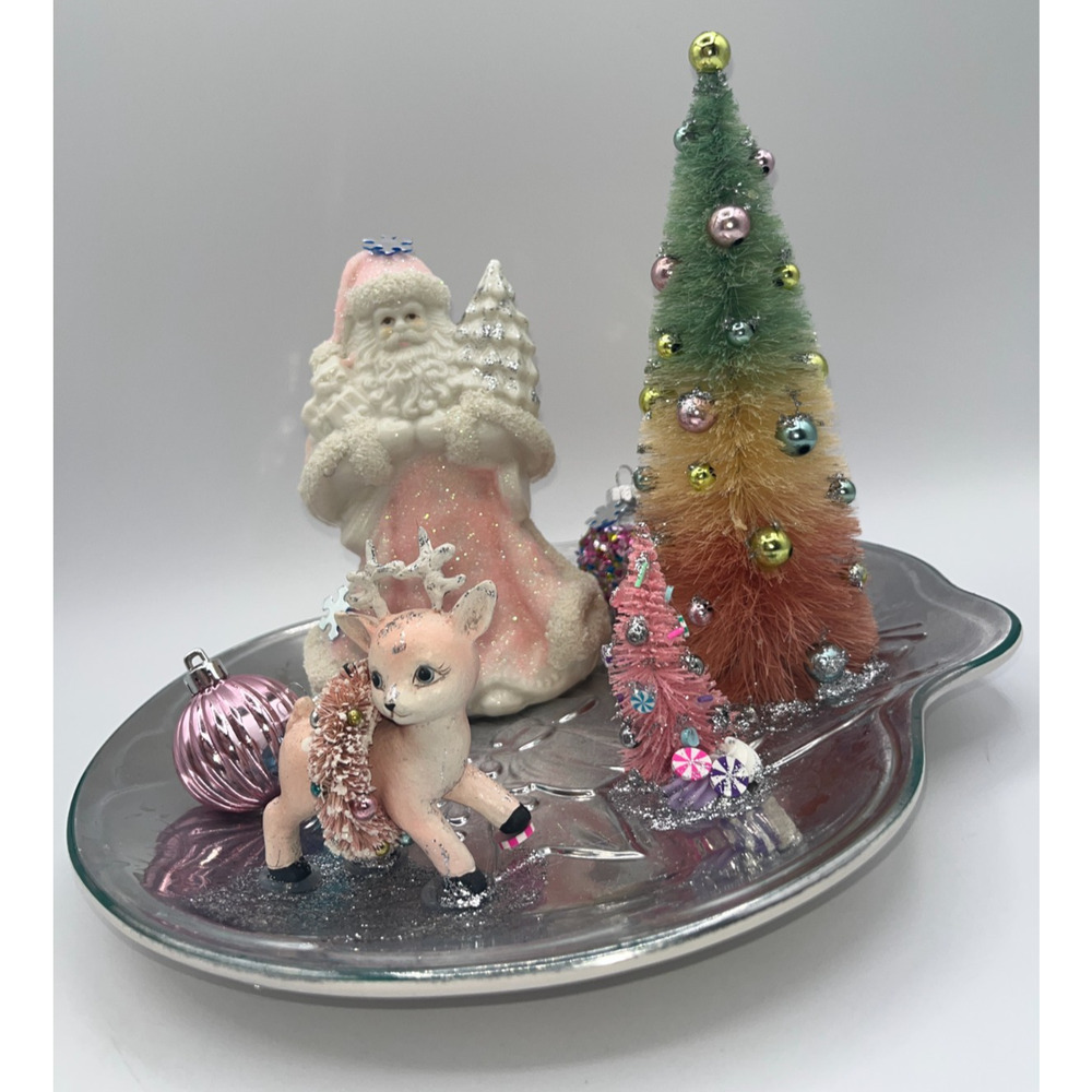 Vintage Pink Old World Santa Pink Reindeer Candy Cane Bottle Brush Tree OOAK